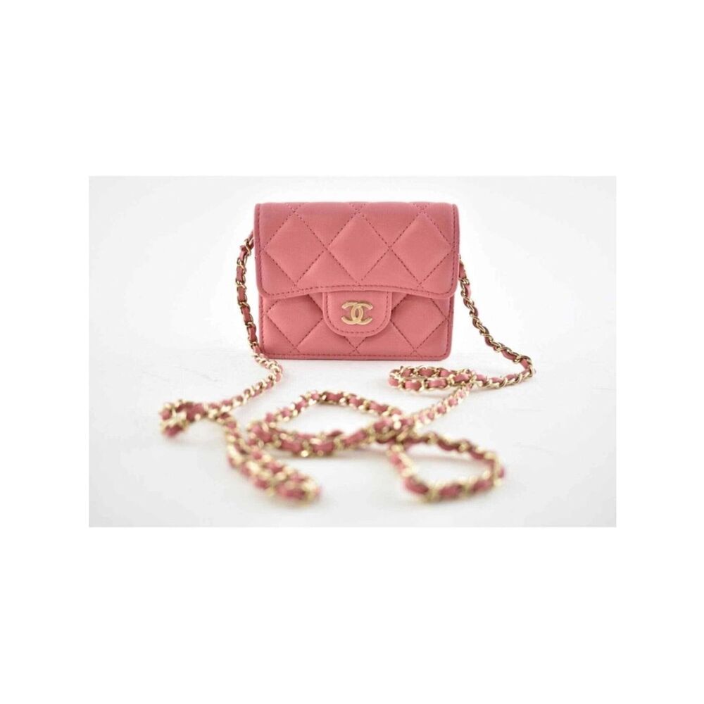 Chanel Mini Wallet On Chain Pink Lambskin Gold Card Shoulder Crossbody/Dust Bag - Picture 2 of 8